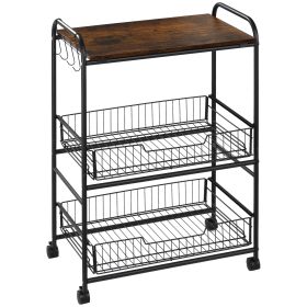 HOMCOM 24" Brown 3-Tier Rolling Kitchen Cart, Utility Storage Trolley with Basket Drawers & Side Hooks