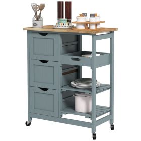 HOMCOM Dining Rolling Kitchen Cart, Gray, with Wood Top, Shelves & Drawers
