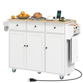 HOMCOM Kitchen Island on Wheels with Drop Leaf, Charging Station, Rolling Kitchen Cart with Wood Top, Adjustable Shelf, White