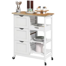 HOMCOM Dining Rolling Kitchen Island, White, with Wood Top, Shelves & Drawers