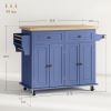 HOMCOM Kitchen Island on Wheels, Rolling Cart with Rubberwood Top, Spice Rack, Towel Rack and Drawers, Navy Blue