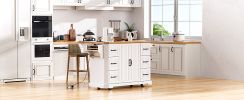 K&K 56 inch Kitchen Island with Rubber Wood Veneer Drop Leaf, Power Outlet, 4 Door Shelves