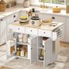 HOMCOM Kitchen Island on Wheels with Drop Leaf, Charging Station, Rolling Kitchen Cart with Wood Top, Adjustable Shelf, White