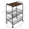 HOMCOM 24" Brown 3-Tier Rolling Kitchen Cart, Utility Storage Trolley with Basket Drawers & Side Hooks