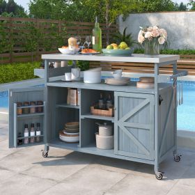 K&K Outdoor Kitchen Island, Rolling Bar Cart & Storage Cabinet, Farmhouse Solid Wood Outdoor Grill Table with Stainless Steel Top, Spice Rack (Color: as Pic)